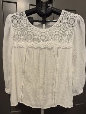 Figueroa & Flower White Crochet Lace Boho Blouse Petite Large 3/4 Sleeve